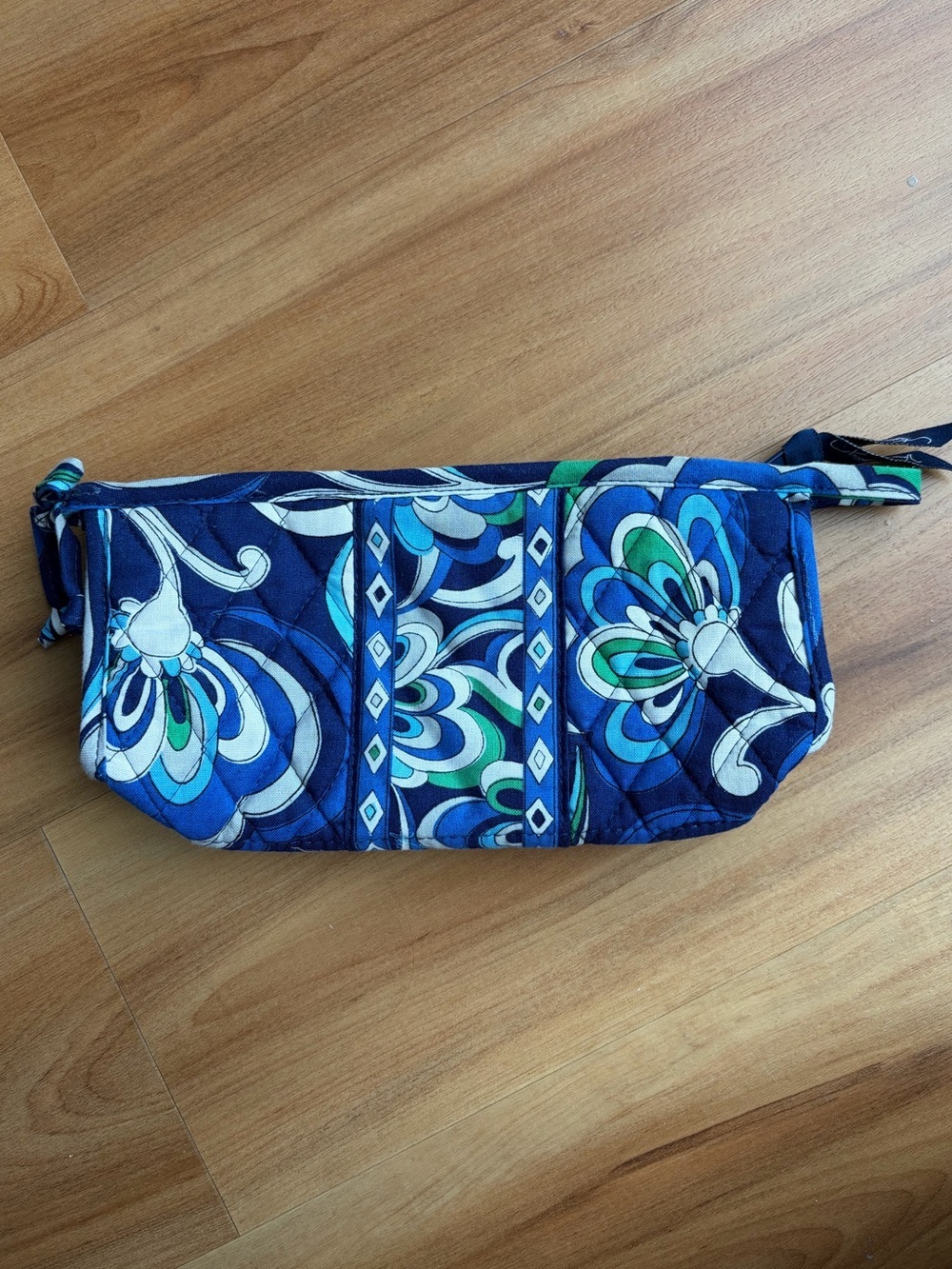 Vera Bradley Quilted Cosmetic Bag Blue Green Floral Large Zip Pouch Travel